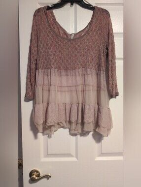 Free People Pink Lace Tiered Babydoll 3/4 Sleeve Tunic Blouse
